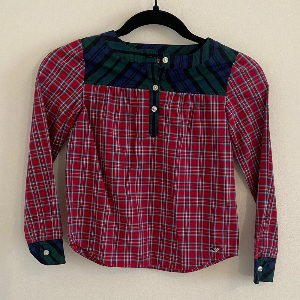 Vineyard Vines Holiday Plaid Kids Cotton Button Down Blouse girls size XS (5-6)